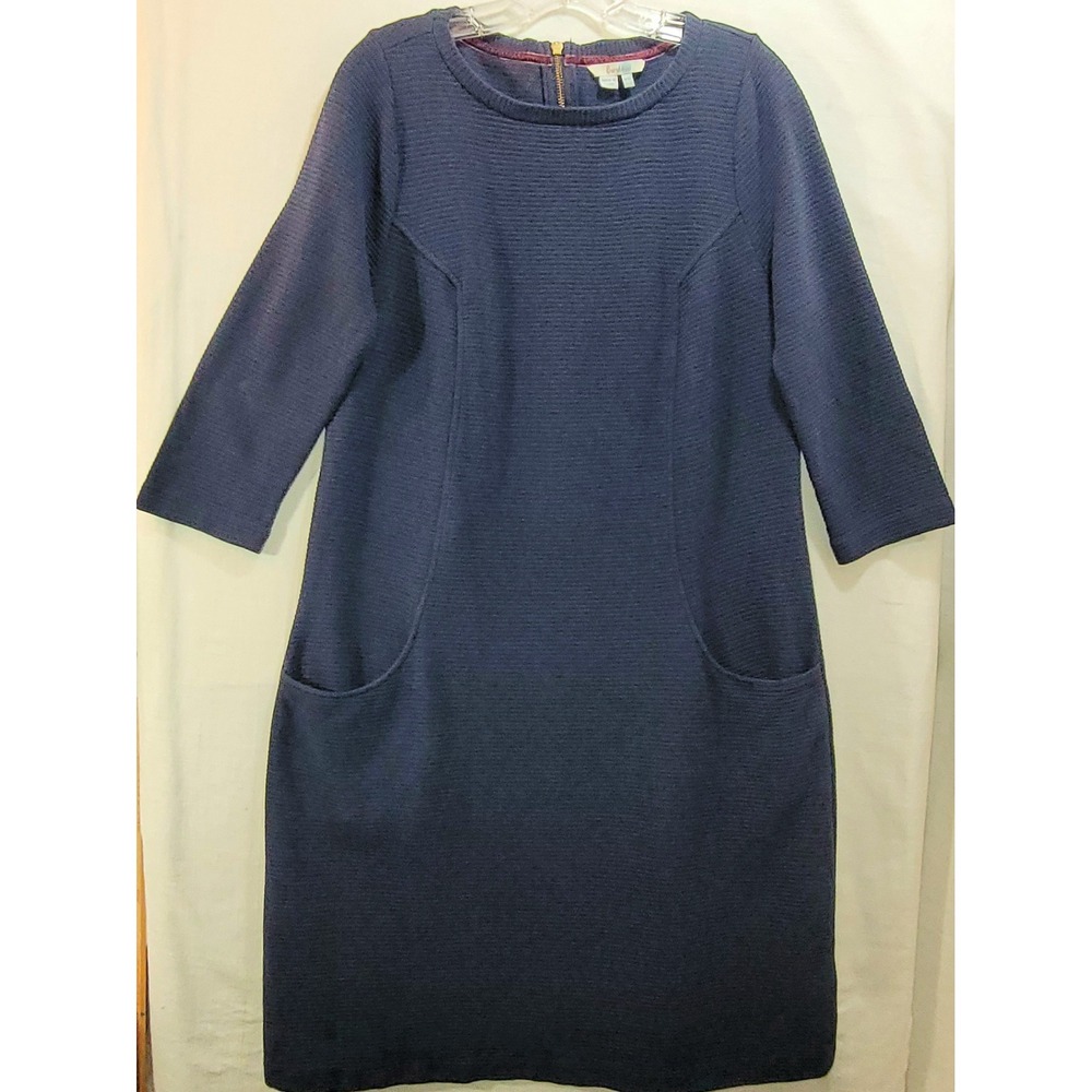 Boden Navy Textured Knit‎ 3/4 Sleeve Shift Dress Cotton Pockets Zip US 12L